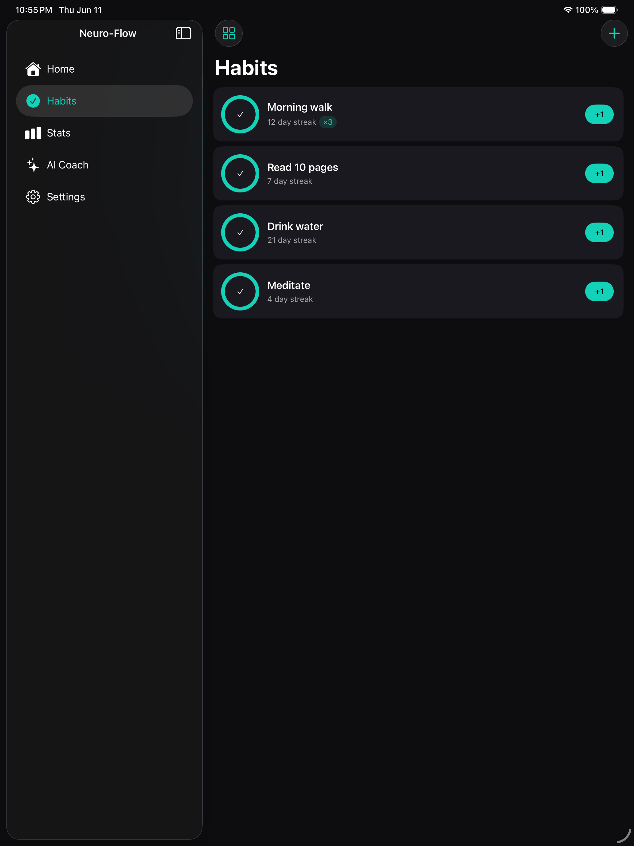 Habit list with streaks and completion progress